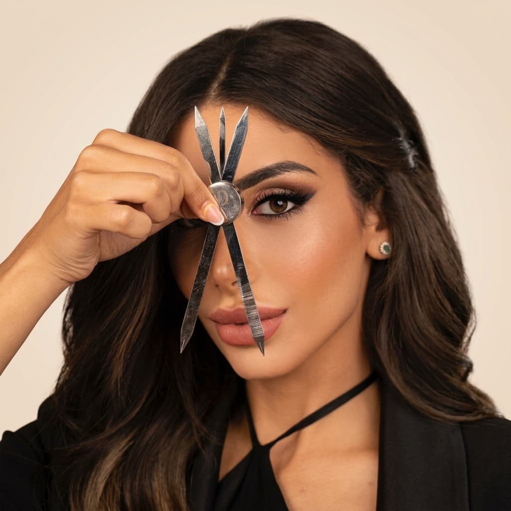 Amira Bechini holding the brow calipers to her eye, measuring.